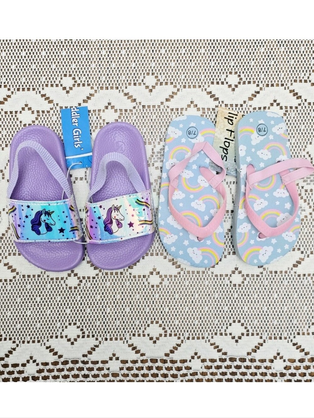 2pk New Toddler Girls Purple Unicorn Rainbows Clouds Strap Sandals Shoes 7 8